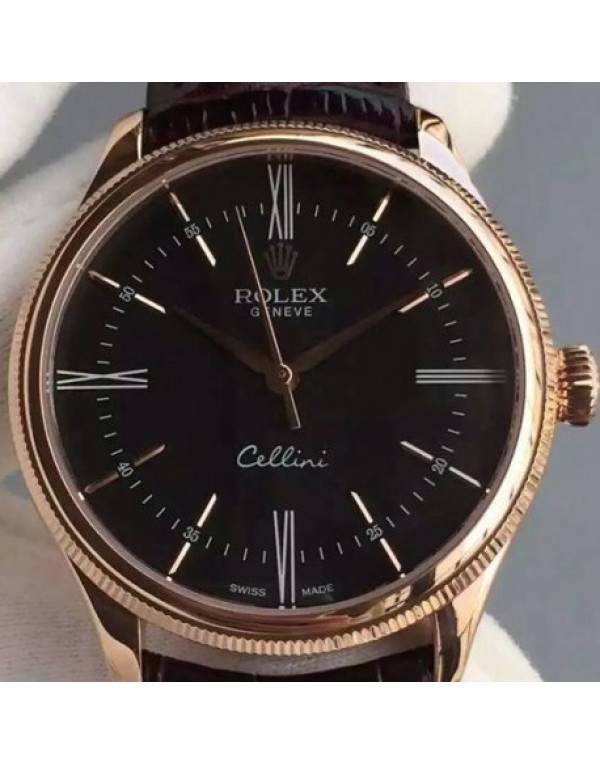 Replica Rolex Cellini Time 50505 Rose Gold Black D...
